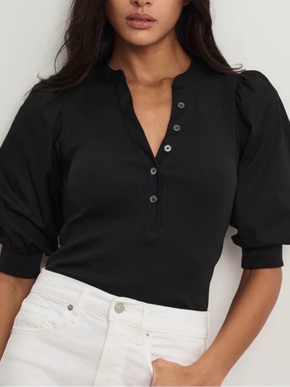 Veronica Beard Large Pima Cotton Coralee Top Ribbed Henley button black v-neck